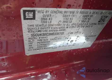 2017 Chevrolet Silverado 1500 2Lz из США, поврежденный, VIN 3GCUKSEC3HG338705